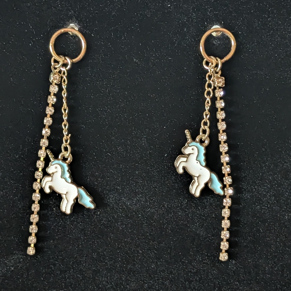 Gold-Tone Unicorn Drop Earrings with Blue Accents